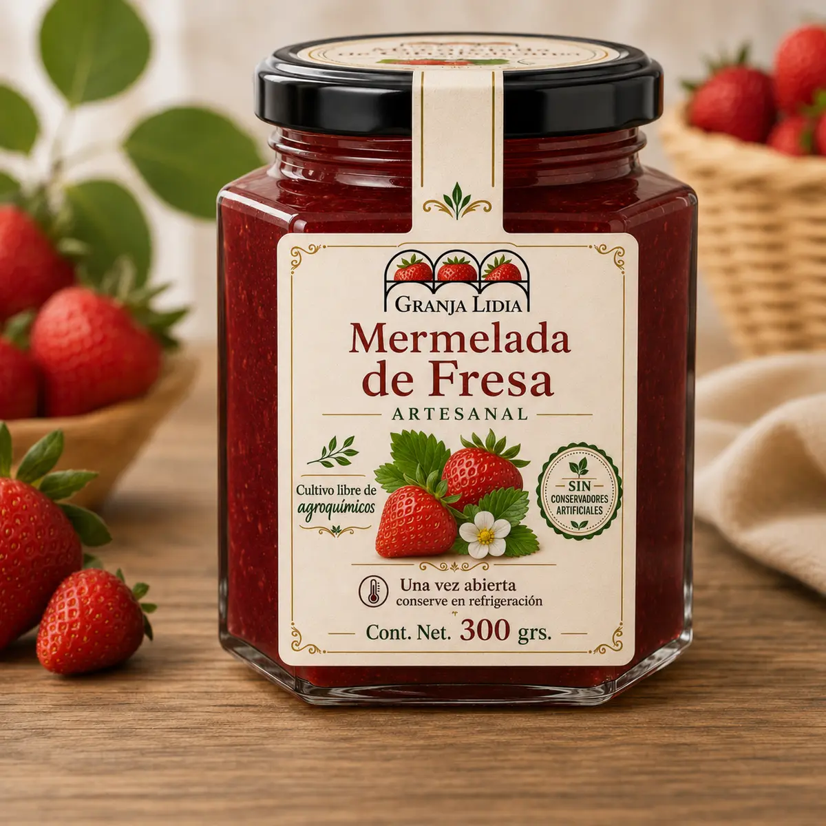 Presentación de mermelada artesanal de fresa Granja Lidia